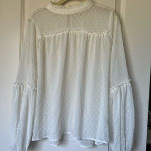 Women’s White Sheer Swiss Dot Mock Neck Blouse